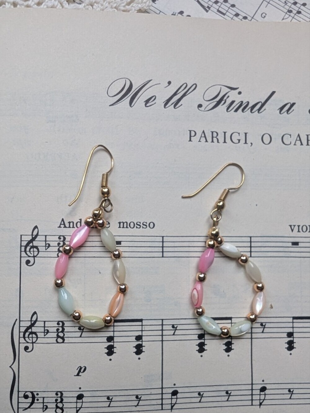 Gold Hoop Dangle Earrings with Pastel Beads - Multi-Color